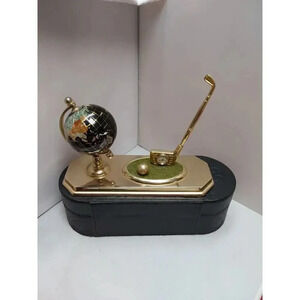 Vintage Brass Pen Set Globe Semi Precious Stones and Golf Club Pen